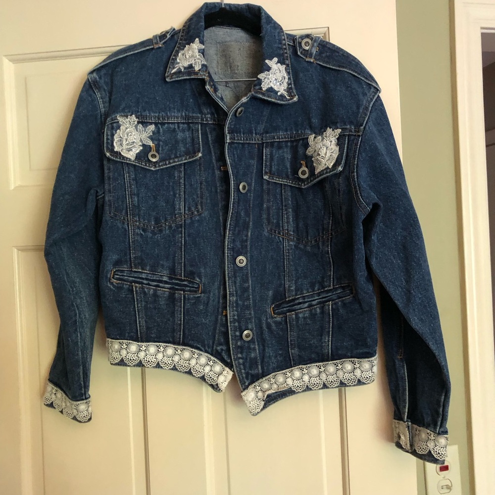 Vintage Bristol Blues Embellished Dark Blue Denim Jacket with White Lace Trim